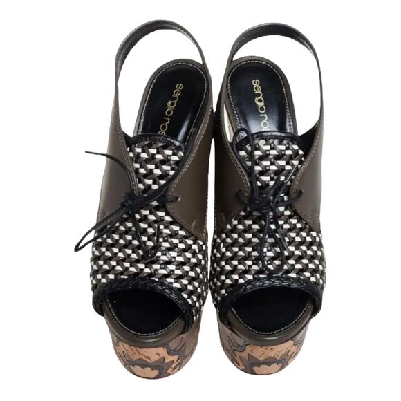 SERGIO ROSSI Atlantiques Platform Sandals Ankle Strap Block Weaved Brown EU 39 - Picture 9 of 10